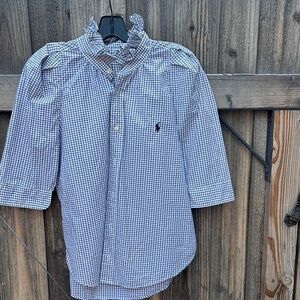 KMJ black and white Gingham Casual Button Down Shirt with ruffled collar.